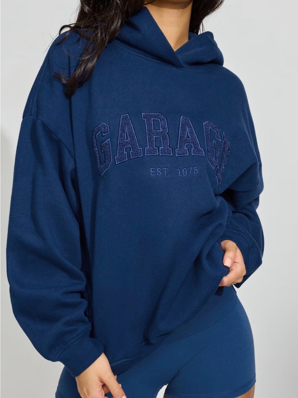 Garage  Navy Blue Pullover Hoodie with Embroidered Logo